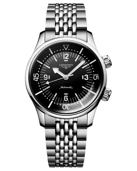 Longines Black Swiss Automatic Legend Diver Stainless Steel Bracelet Watch 39mm for men