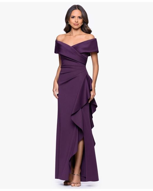 Xscape Purple Petite Off-the-shoulder Ruffle Detail Gown