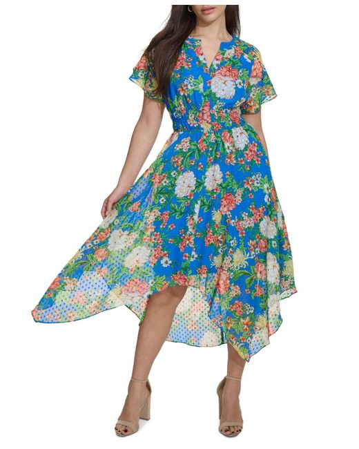 Kensie Blue Floral-print Clip-dot Midi Dress
