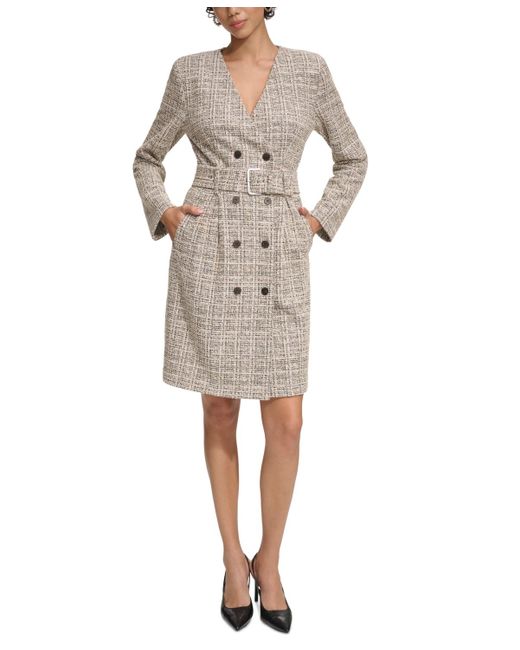 Calvin Klein Natural Tweed Belted Coat Dress
