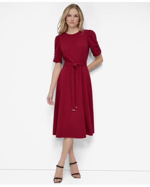 DKNY Ruched-sleeve Belted Fit And Flare Midi Dress in Red | Lyst DKNY Ruched-sleeve Belted Fit And Flare Midi Dress in Red | Lyst