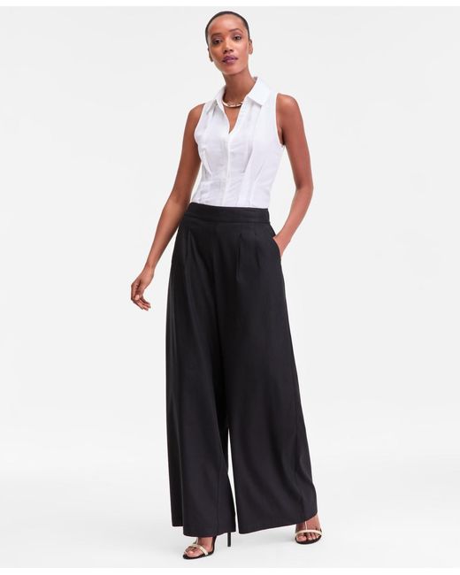 INC International Concepts White High-rise Pleated Pull-on Wide-leg Pants