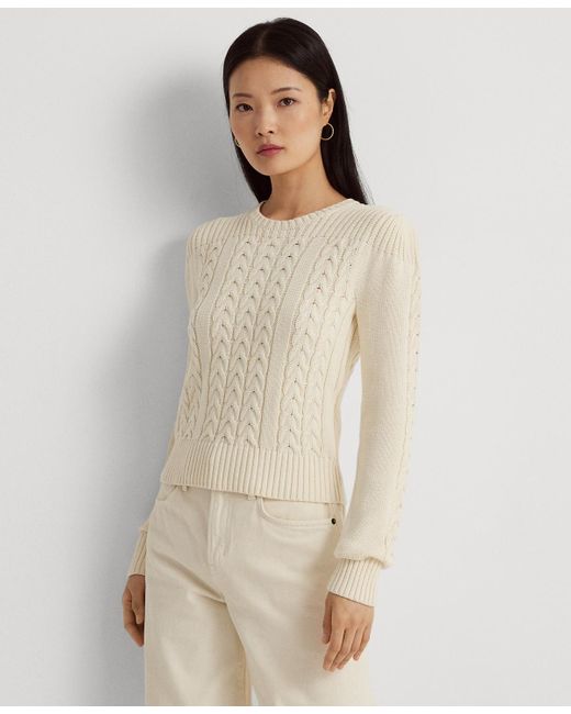 Lauren by Ralph Lauren Cable-knit Puff-sleeve Sweater in Natural