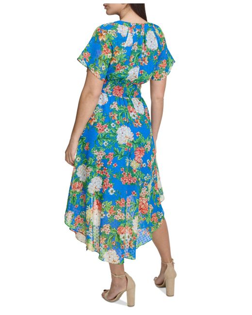 Kensie Blue Floral-print Clip-dot Midi Dress