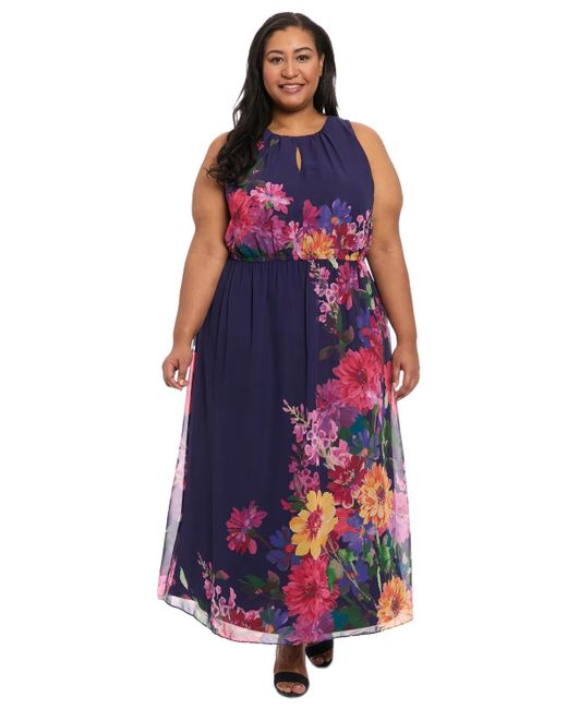 London Times Blue Plus Size Placement-print Maxi Dress