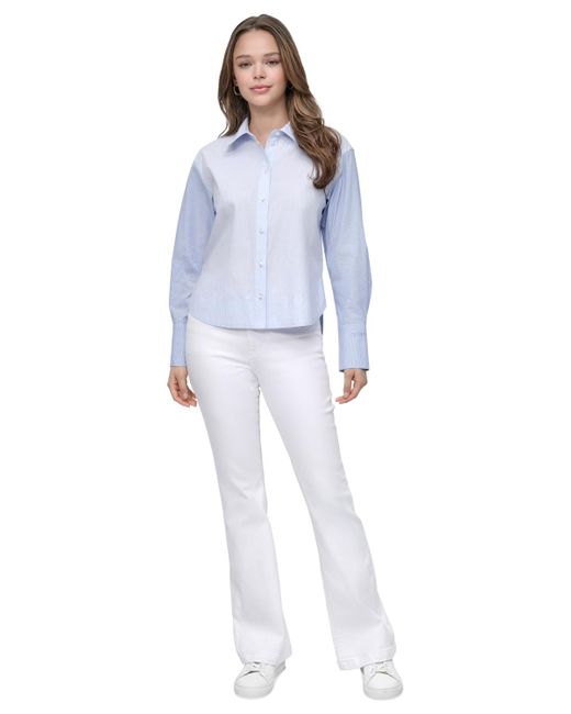 DKNY Blue Cropped Long-sleeve Button-front Shirt