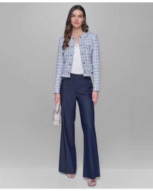 Karl Lagerfeld Blue Tweed Open Front Jacket Sleeveless V Neck Top Wide Leg Sailor Pants