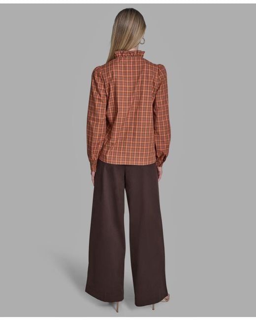 BCBGMAXAZRIA Brown Plaid Button Placket V-neck Top