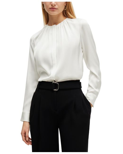 Boss White Boss By Stretch-silk Crepe De Chine Ruched-neck Top