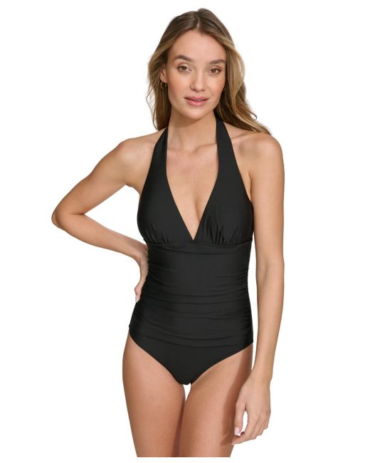 DKNY Black Tie-back Halter-style One-piece Swimsuit