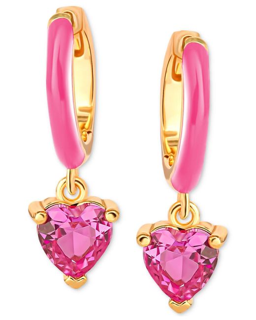 Giani Bernini Pink Cubic Zirconia & Pink Enamel Heart Dangle Hoop Earrings In 18k Gold-plated Sterling Silver, Created For Macy's