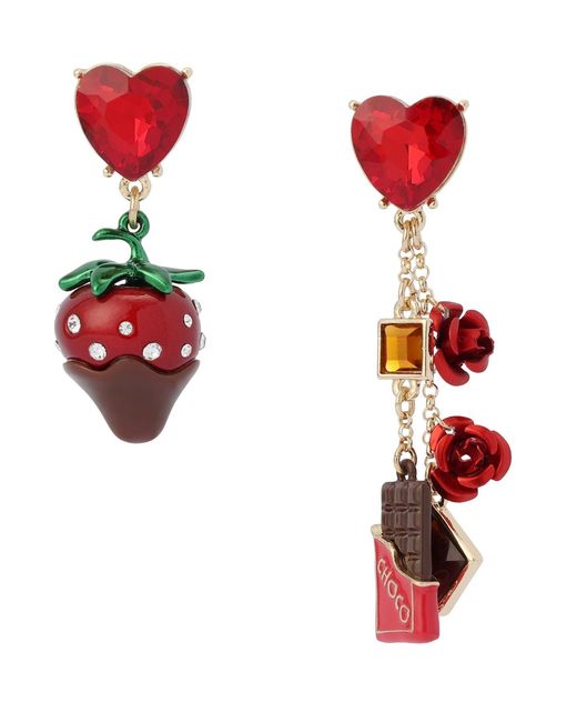 Betsey Johnson Red Faux Stone Love Spell Chocolate Strawberry Mismatch Earrings