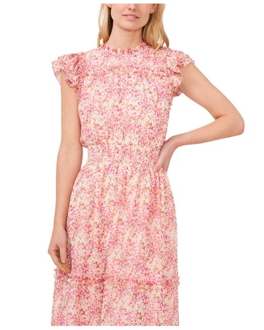 Cece Pink Flutter Sleeve Smocked Waist Midi Dress