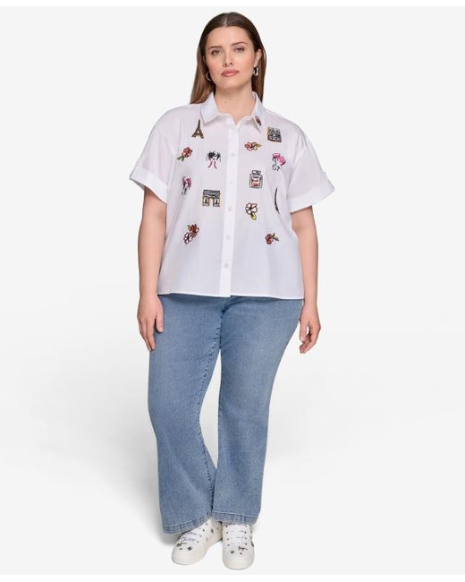 Karl Lagerfeld White Plus Size Cotton Embroidered Camp Shirt
