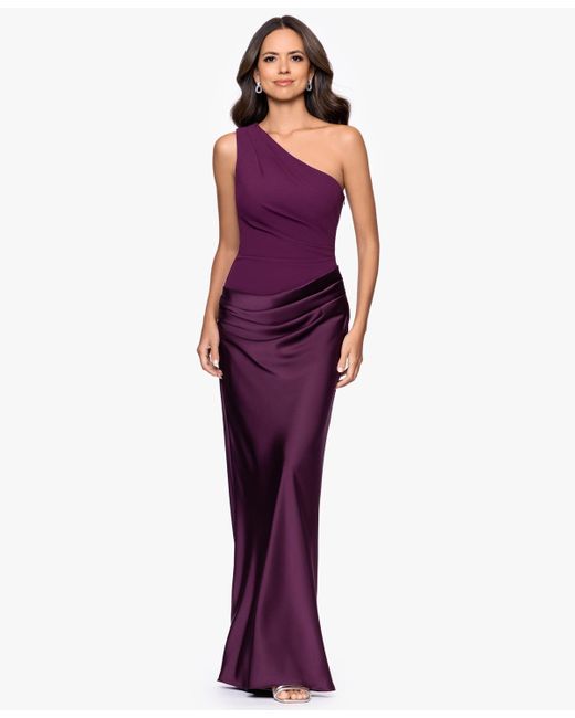 betsy & adam asymmetrical one-shoulder sheath dress Sofia Satin Drop Shoulder Floor Length Dress