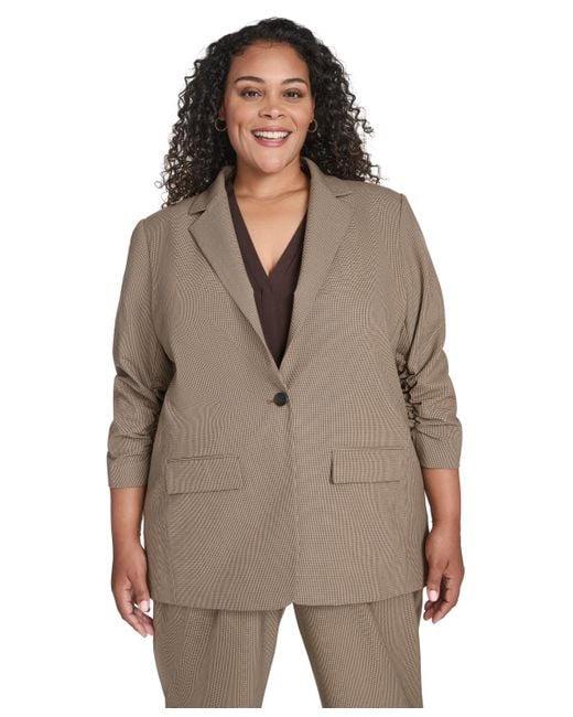 Calvin Klein Brown Plus Size Check-print One-button 3/4-sleeve Jacket