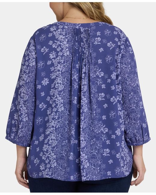 NYDJ Blue Plus Size Pintuck Split Neck Top