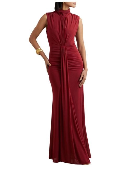 Reiss Red Sheer Ruched Maxi Dress