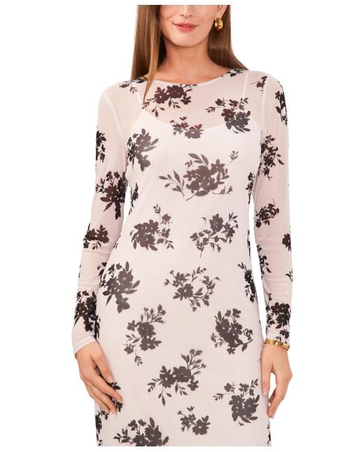 Vince Camuto White Floral Printed Long Sleeve Midi Dress