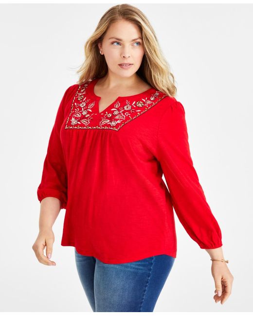 Style & Co. Plus Size Embroidered Split-neck Top