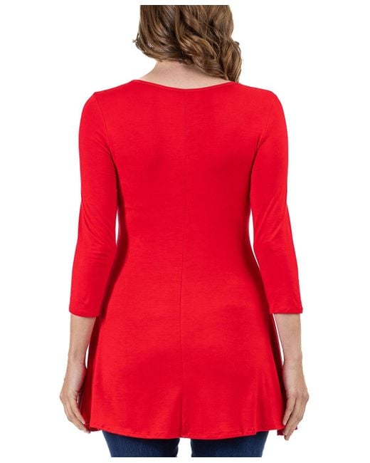 24seven Comfort Apparel Red Three Quarter Sleeve V-neck Tunic Top