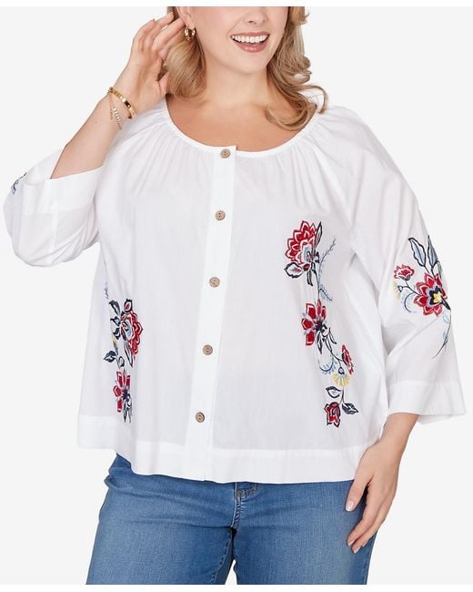 Ruby Rd White Plus Size Floral Embroidered Poplin Button Front Top