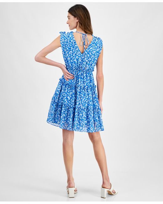 Taylor Blue Petite Floral-print Tiered A-line Dress