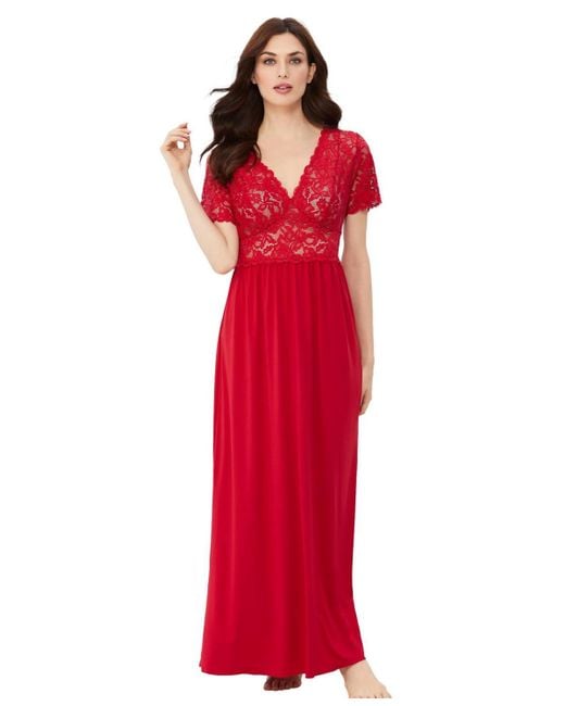 Amoureuse Red Plus Size Long Lace Top Stretch Knit Gown