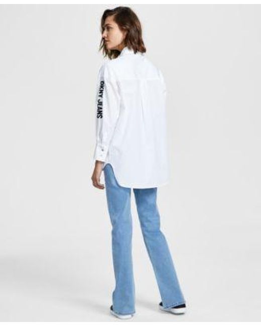 DKNY Blue Cotton Embroidered Logo Shirt Boerum High Rise Flare Leg Jeans
