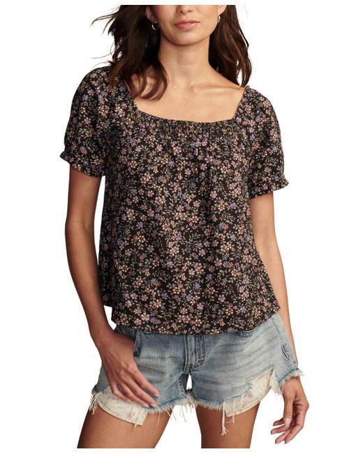 Lucky Brand Black Cotton Printed Short-sleeve Top