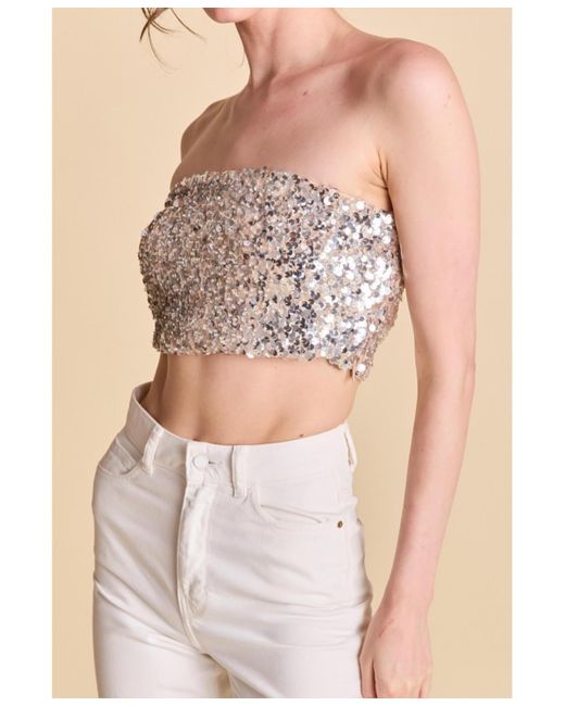 Endless Rose Natural Beaded Sequins Strapless Top