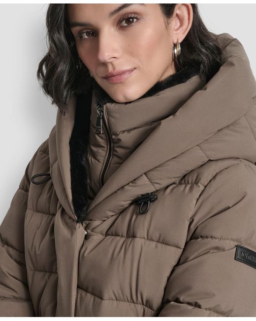 DKNY Brown Belted Asymmetrical Zip Front Puffer Coat