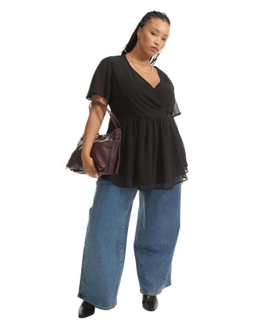 June + Vie Black June + Vie Plus Size Faux Wrap Fit-and-flare Top