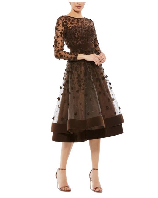 Mac Duggal Brown Embellished Illusion High Neck Long Sleeve Fit & Flare