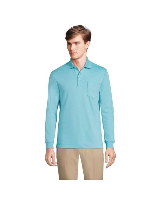 Lands' End Long Sleeve Super Soft Supima Polo Shirt With Pocket in Blue