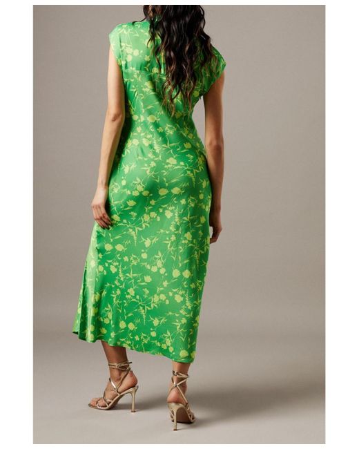 Warehouse Green Crinkle Satin Button Side Midi Dress