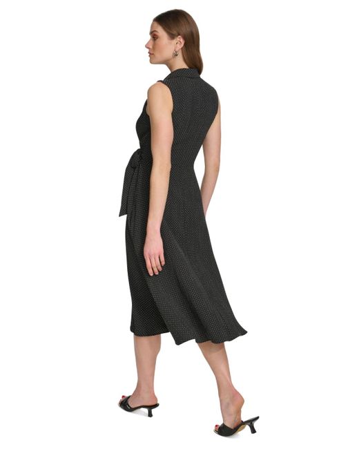 DKNY Black Printed Tie-waist Sleeveless A-line Dress