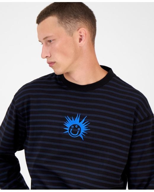 Boss Blue Hugo By Striped Cotton Logo Graphic Crewneck T-shirt for men