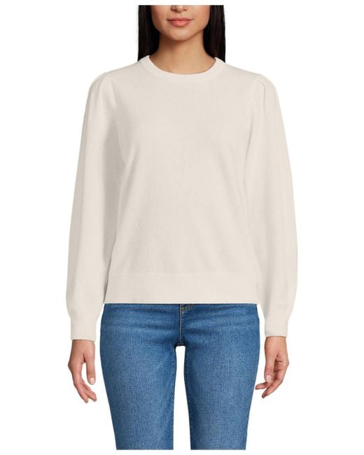 Lands' End Women's White Cashmere Puff Sleeve Crew Neck Sweater