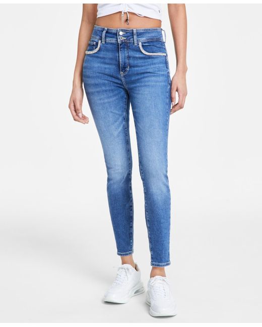 Guess Blue Rhinestone Trimmed Skinny Ankle Jeans