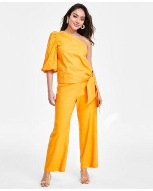 INC International Concepts Yellow Petite One Shoulder Top Wide Leg Pants Created For Macys