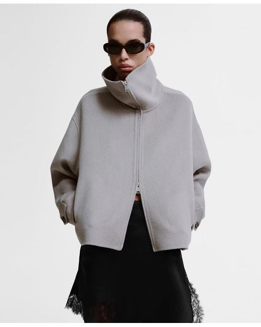 Mango Gray Wool Funnel-neck Jacket