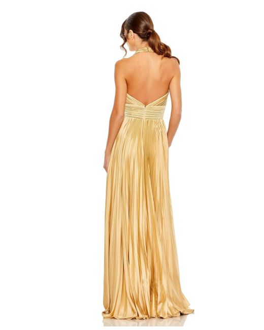 Mac Duggal Metallic Pleated Halter Neck Gown With Center Bow