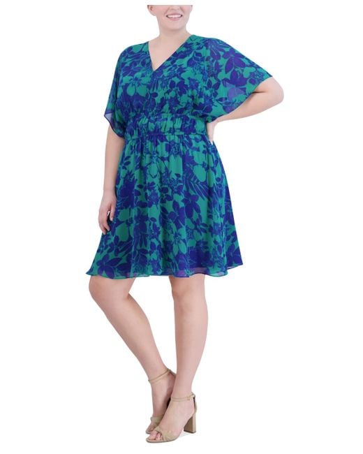 Jessica Howard Blue Plus Size Floral-print Smocked-waist Dress