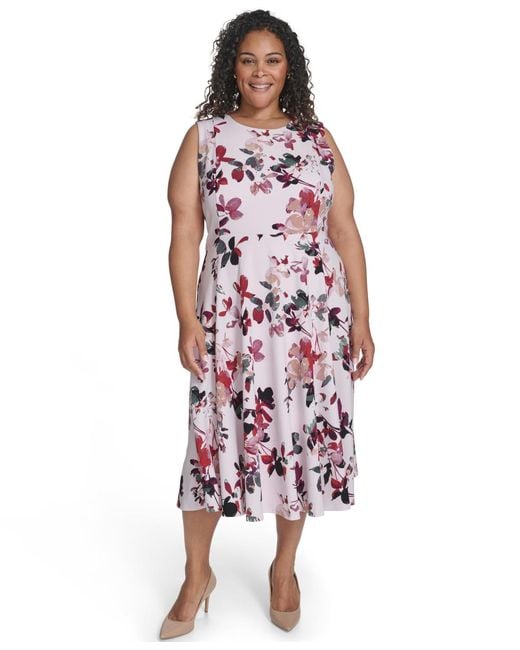 Calvin Klein Plus Size Floral Print Fit & Flare Dress in Red | Lyst