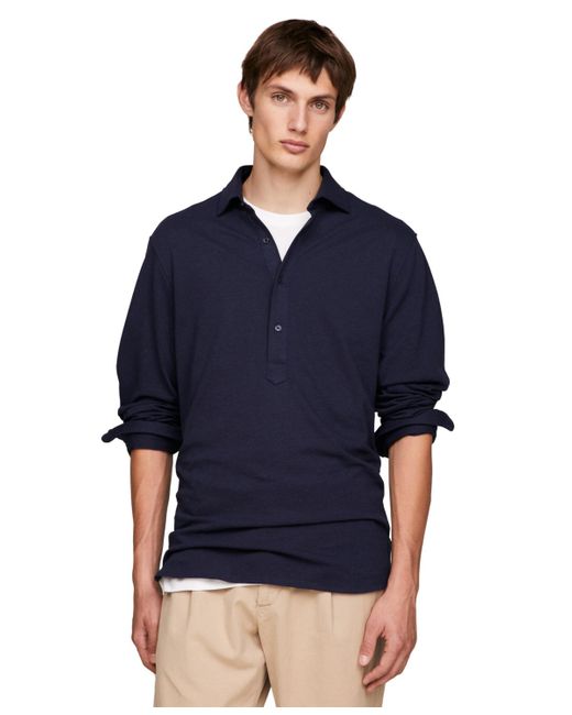 Tommy Hilfiger Blue Pique Popover Long Sleeve Regular Fit Shirt for men