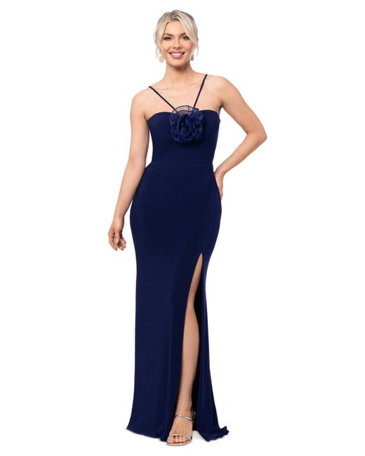 Xscape Blue Rosette Halter Gown