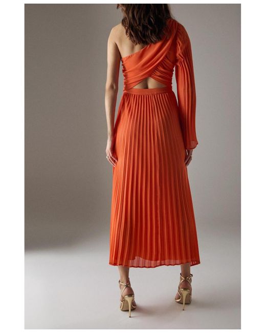 Warehouse Red Chiffon One Shoulder Cut Out Midi Dress