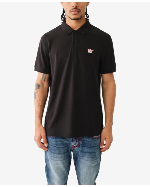True Religion Black Short Sleeve Relaxed Buddha Patch Polo Shirts for men