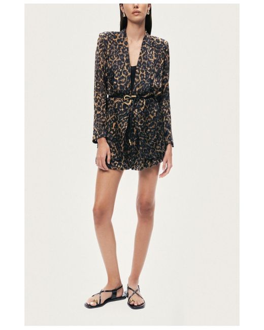 Nocturne Black Printed Leopard Belted Jacket